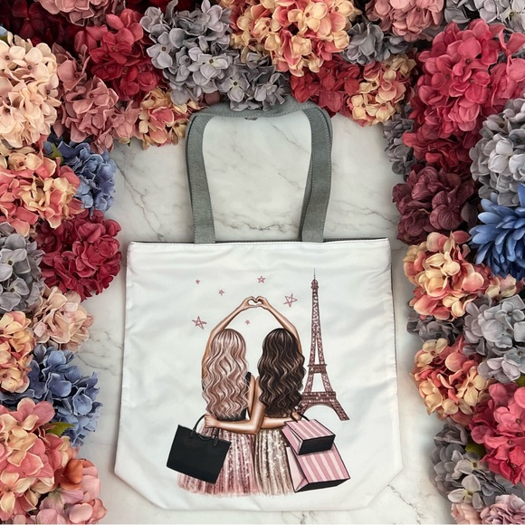 Two Girls Shopping in Paris Zippered Shoulder Tote Bag - Picture 2 of 16
